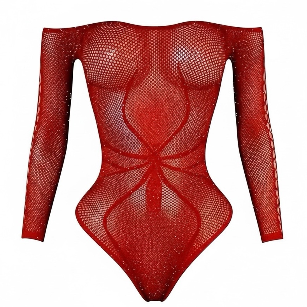 Black Widow Spider Fishnet Stripper Bodysuit | Red Rhinestone | Exotic Dancewear